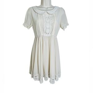 Womens Short Sleeve Ruffle Lace Mini Dress Size M Embroidered Hem  Cream Y2K